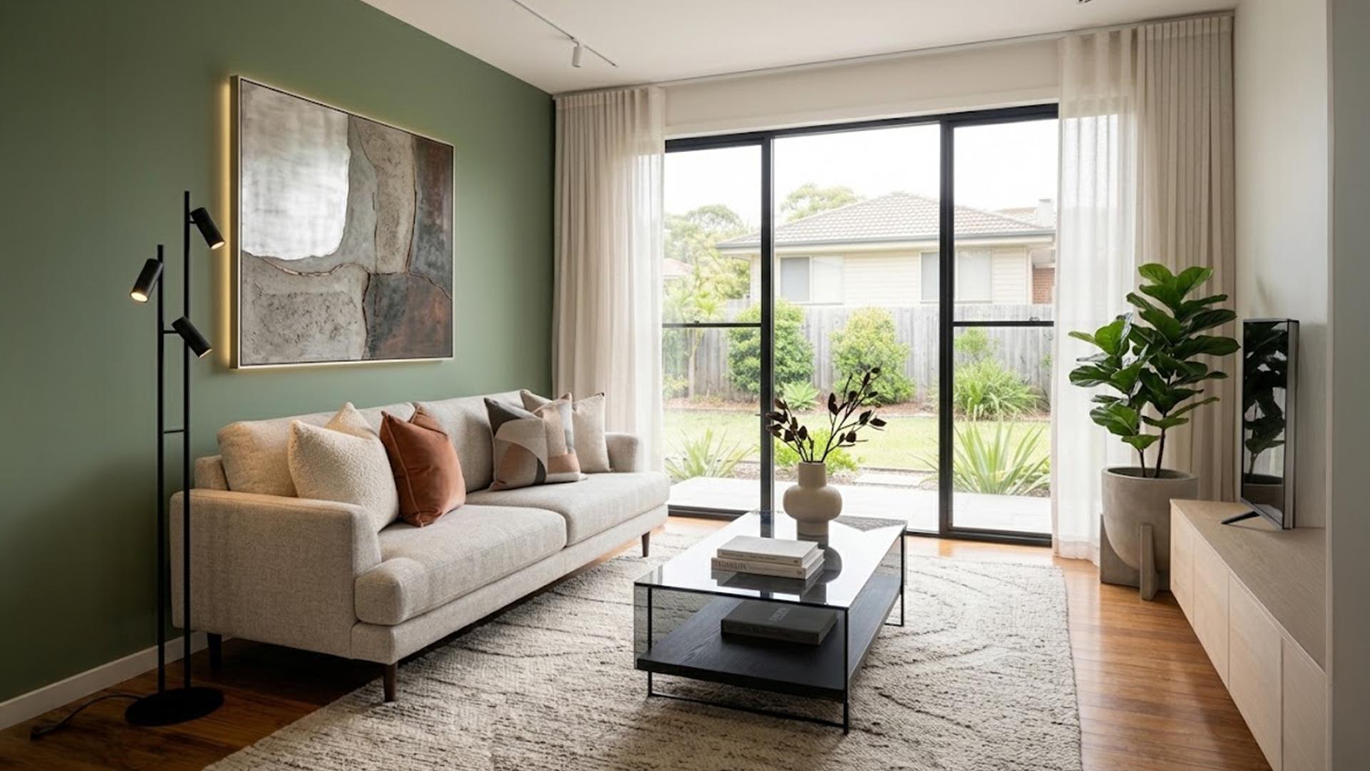 AI concept of a living room with a green feature wall and garden-facing glass doors