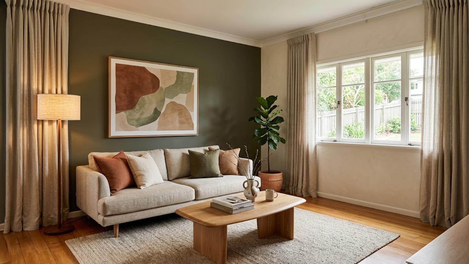 AI concept of a warm living room with abstract artwork and a linen-shaded floor lamp