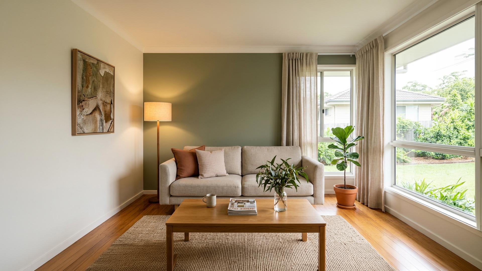 AI concept of a sunlit living room with olive walls, timber furniture and natural textiles